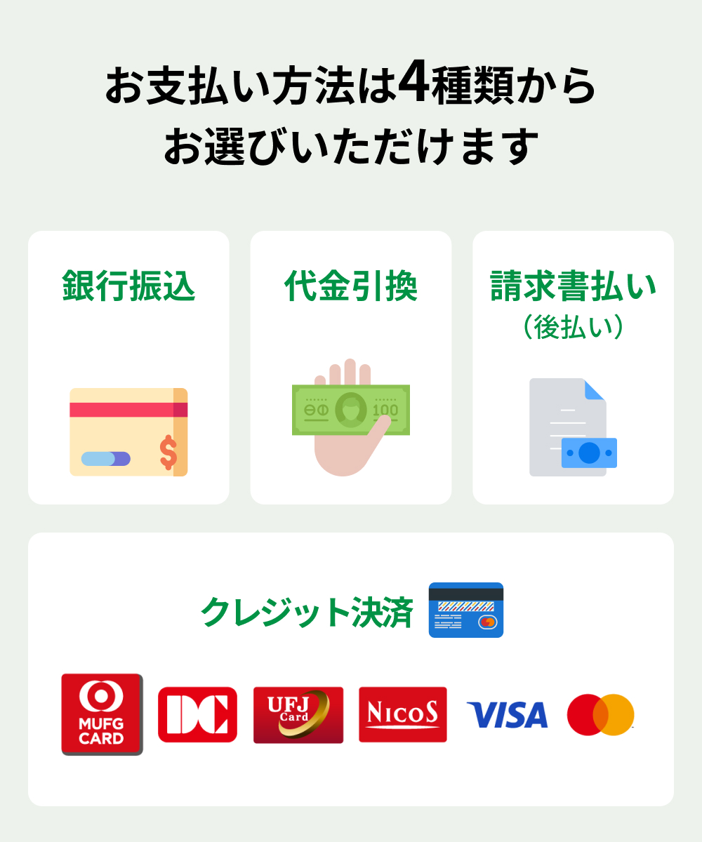 お支払い方法は4種類から お選びいただけます　銀行振込 代金引換 請求書払い（後払い）　クレジット決済